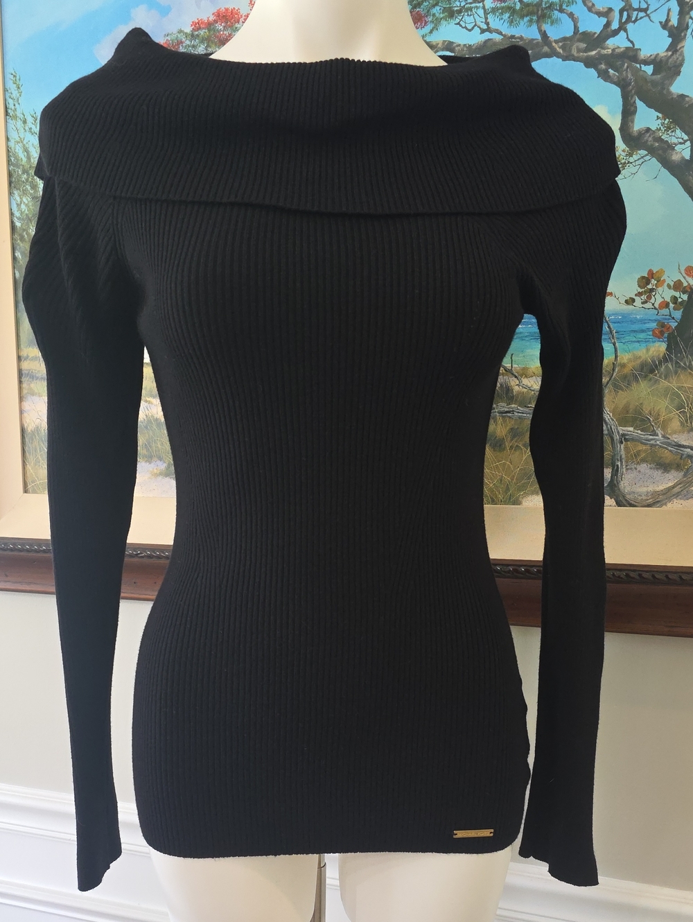 Classic Black Off-the-Shoulder Ribbed Sweater